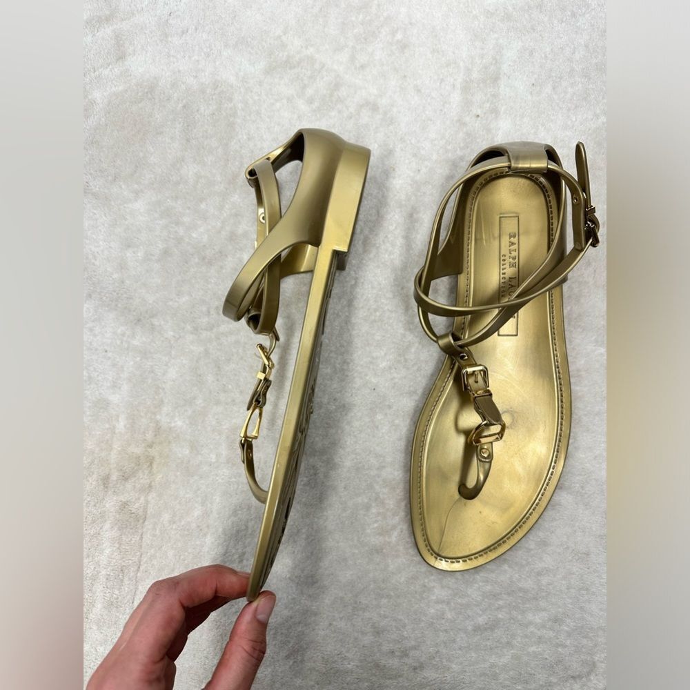 ⛔️SOLD⛔️NEW Ralph Lauren Collection Gold Jelly Strappy Horse bit Thong Buckl - Picture 2 of 9